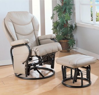 Bone Leatherette Cushion Reclining Glider Rocker Chair w/Ottoman