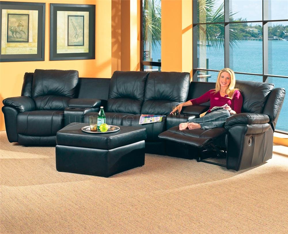 Black Bonded Leather Match Modern Home Theater Sectional Sofa