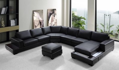 Black Leather Modern U-Shape Sectional Sofa w/Ottoman
