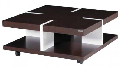 Brown & White Solid Wood Modern Coffee Table w/Casters