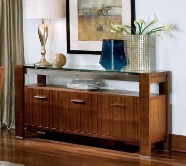 Contemporary Walnut Finish Dining Buffet w/Clear Glass Top