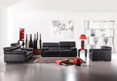 Black Full Italian Leather Modern 3Pc Sofa, Loveseat & Chair Set