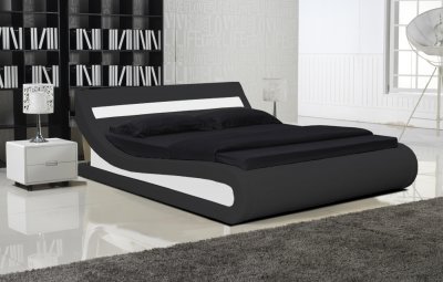 Black Leatherette Modern Bed w/White Accents
