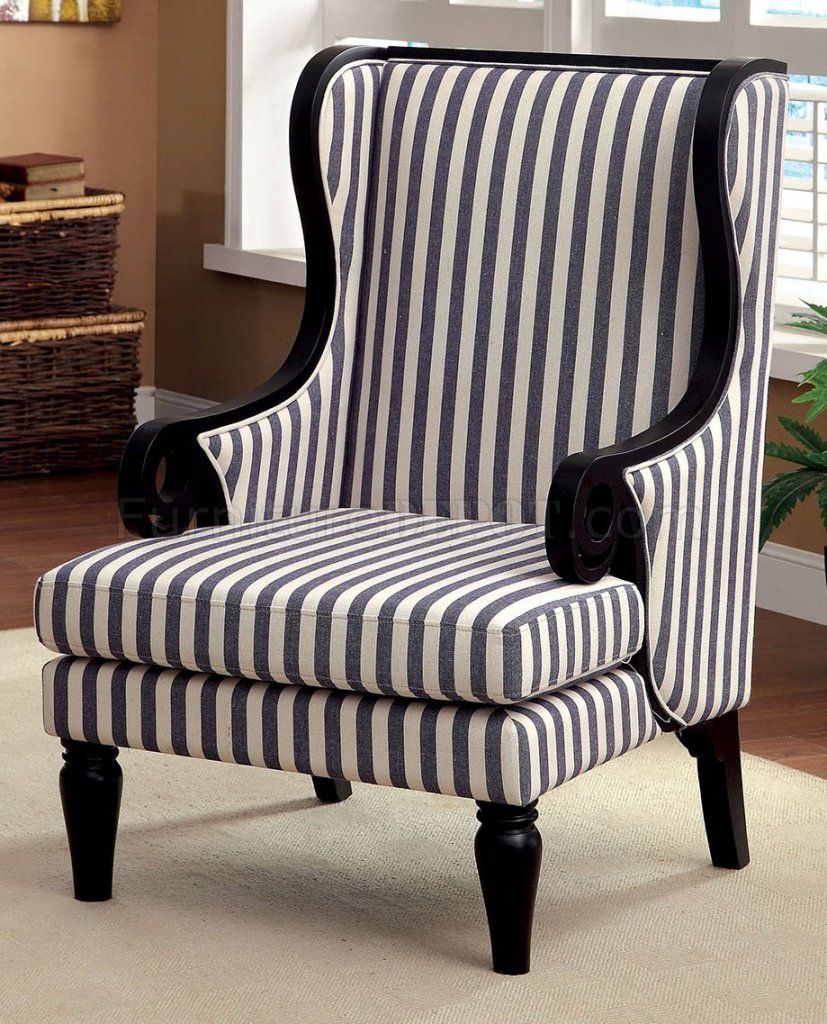 CMAC6802 Accent Chair in White & Dark Blue Stripes Fabric