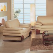 Elegant Beige Leather Living Room Set with Wooden Accents