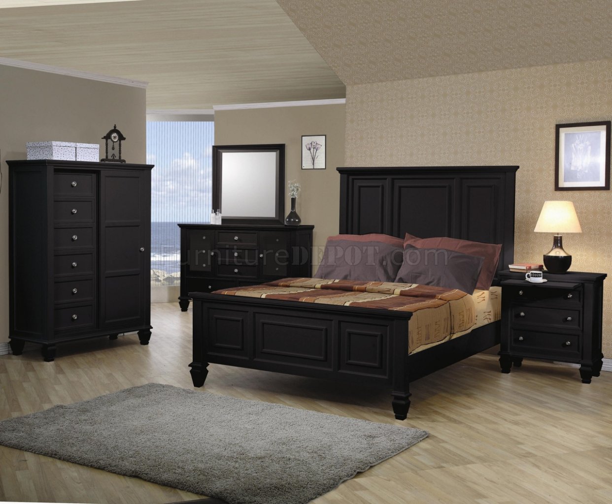 Black Finish Classic 5 Pc Bedroom Set W Oversized Headboard Bed