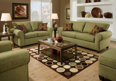 Olive Fabric Modern Casual Sofa & Loveseat Set w/Throw Pillows