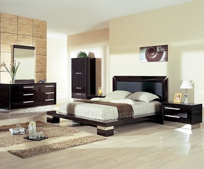 Wenge High Gloss Finish Modern Bedroom Set W/Silver Accents