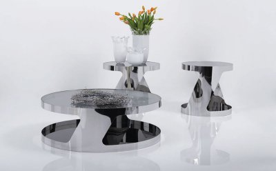 Black Glass Top Contemporary Coffee Table W/Chromed Metal Frame