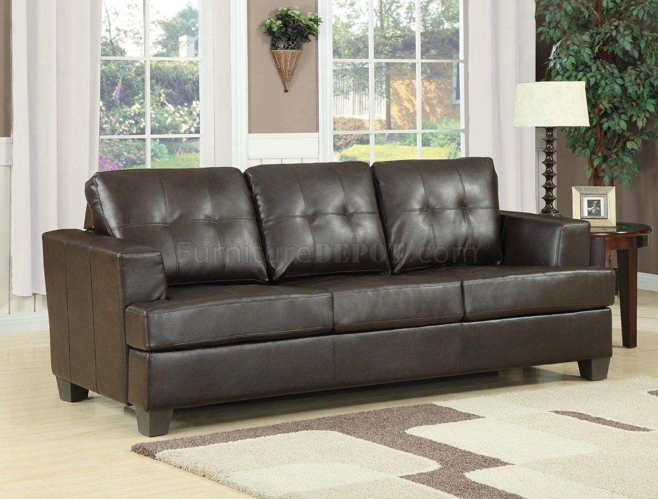 Brown Bonded Leather Modern Sofa w/Queen Size Sleeper