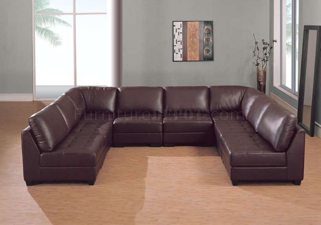 Brown Leather 8 Pc Modern Sectional Sofa W/Tufted Seats