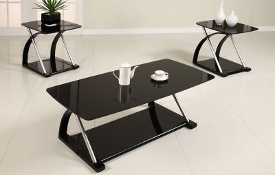Black Glass Modern 3PC Coffee Table Set w/Metal Frame