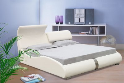 White Leatherette Contemporary Bed w/Adjustable Flap Headboard