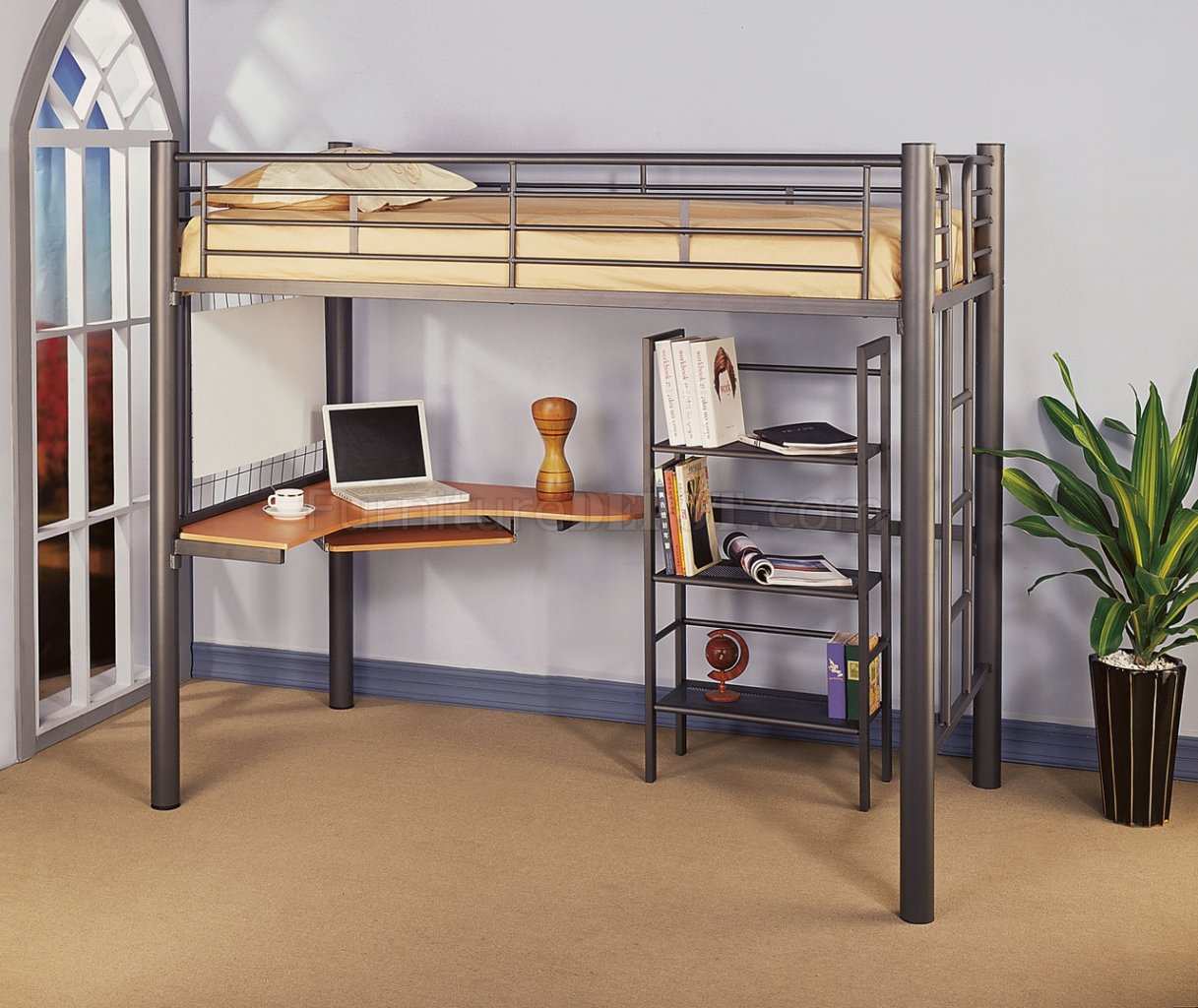 Siver Metal Contemporary Twin Loft Bed w/Desk & Bookcase