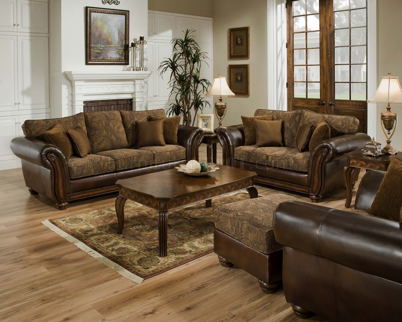 Vintage Chenille Sofa Loveseat Set W Brown Bonded Leather Base