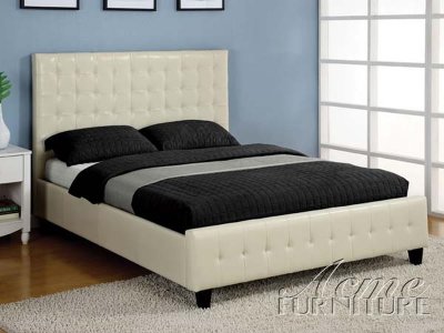 White Bonded Leather Modern Platform Bed w/Wooden Legs