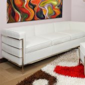 White Leather Le Corbusier Style Sofa w/Two Free Ottomans