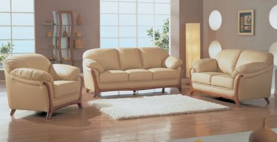 Beige Leather Elegant Living Room Set with Wooden Accents