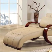 Beige Leather Modern Chaise Lounger W/Round Mahogany Arms