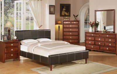 Brown Faux Leather Contemporary Bed w/Optional Casegoods