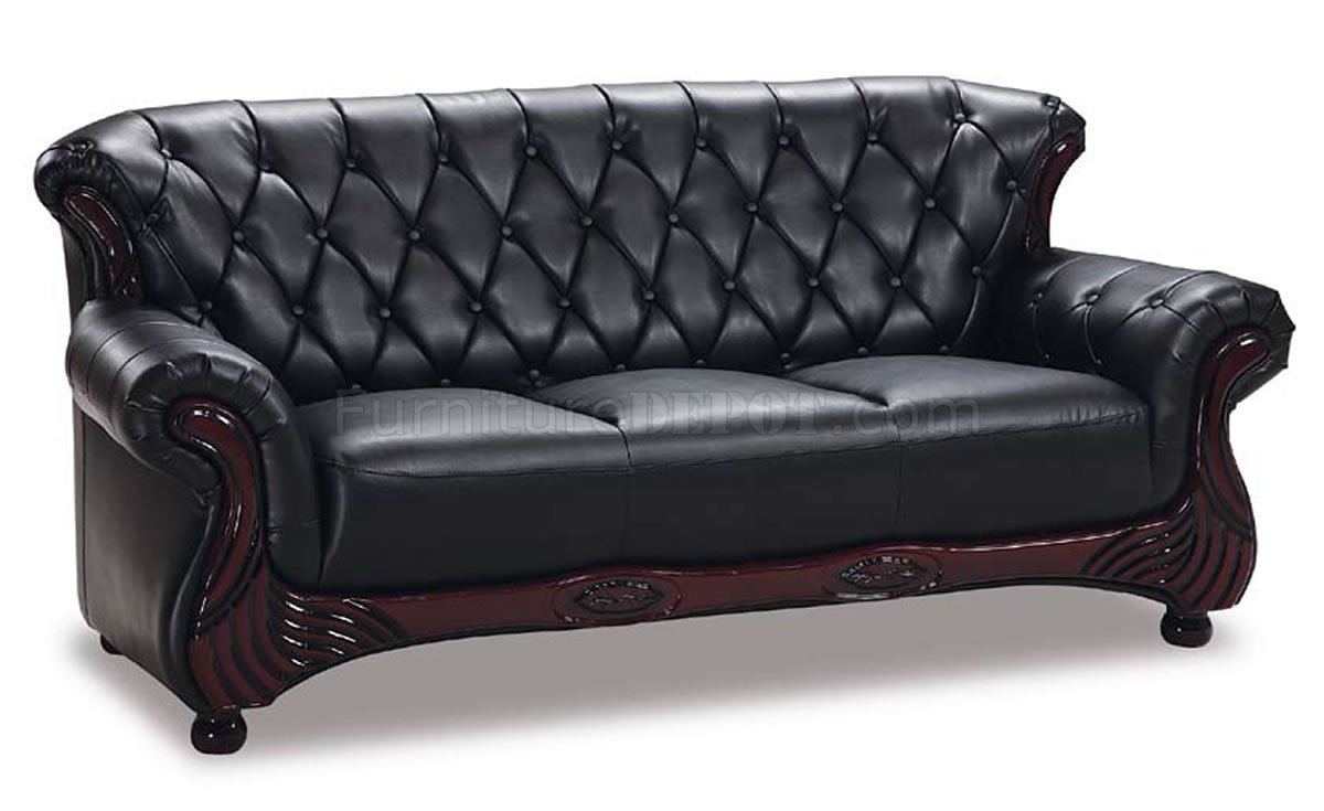 Black Leather Classic Living Room Sofa W/Button-Tufted Backs