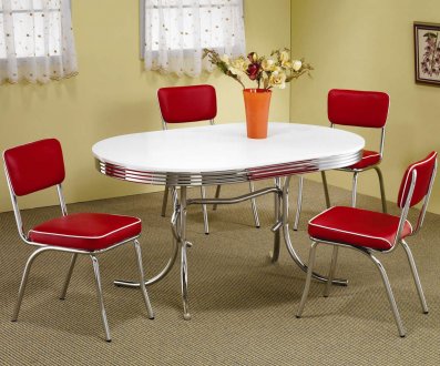 White Oval Top & Chrome Base Modern 5Pc Dining Set w/Red Chairs