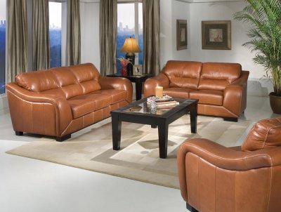 Chestnut Leather Contemporary Living Room w/Waterfall Arms