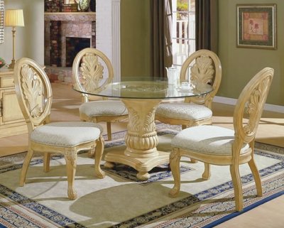 Antique White Traditional 5PC Dining Set w/Round Clear Glass Top
