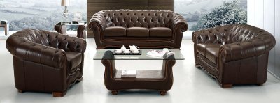 Brown Genuine Leather Formal Living Room Sofa w/Tufted Seats