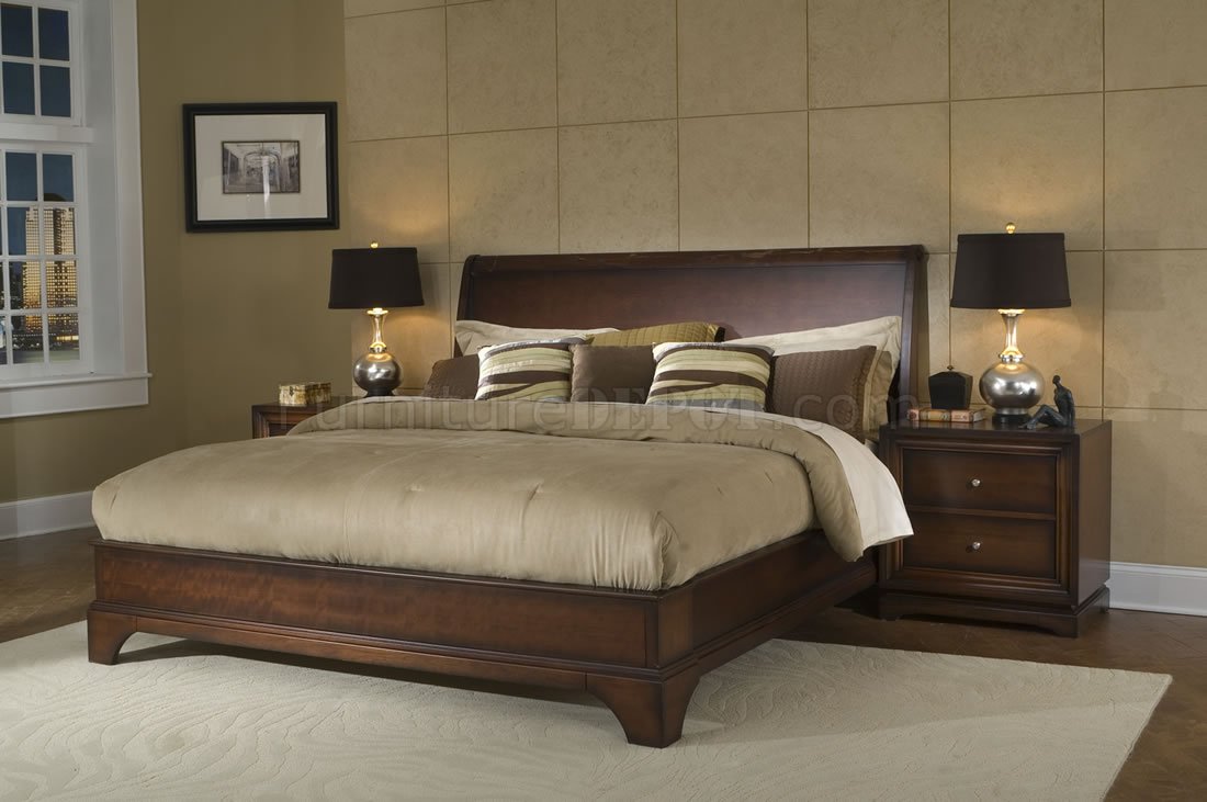 wooden beds on Antique Walnut Finish Contemporary Massive Wood Bed At Furniture Depot