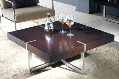 Brown Wood SquareTop Modern Coffee Table w/Metal Base
