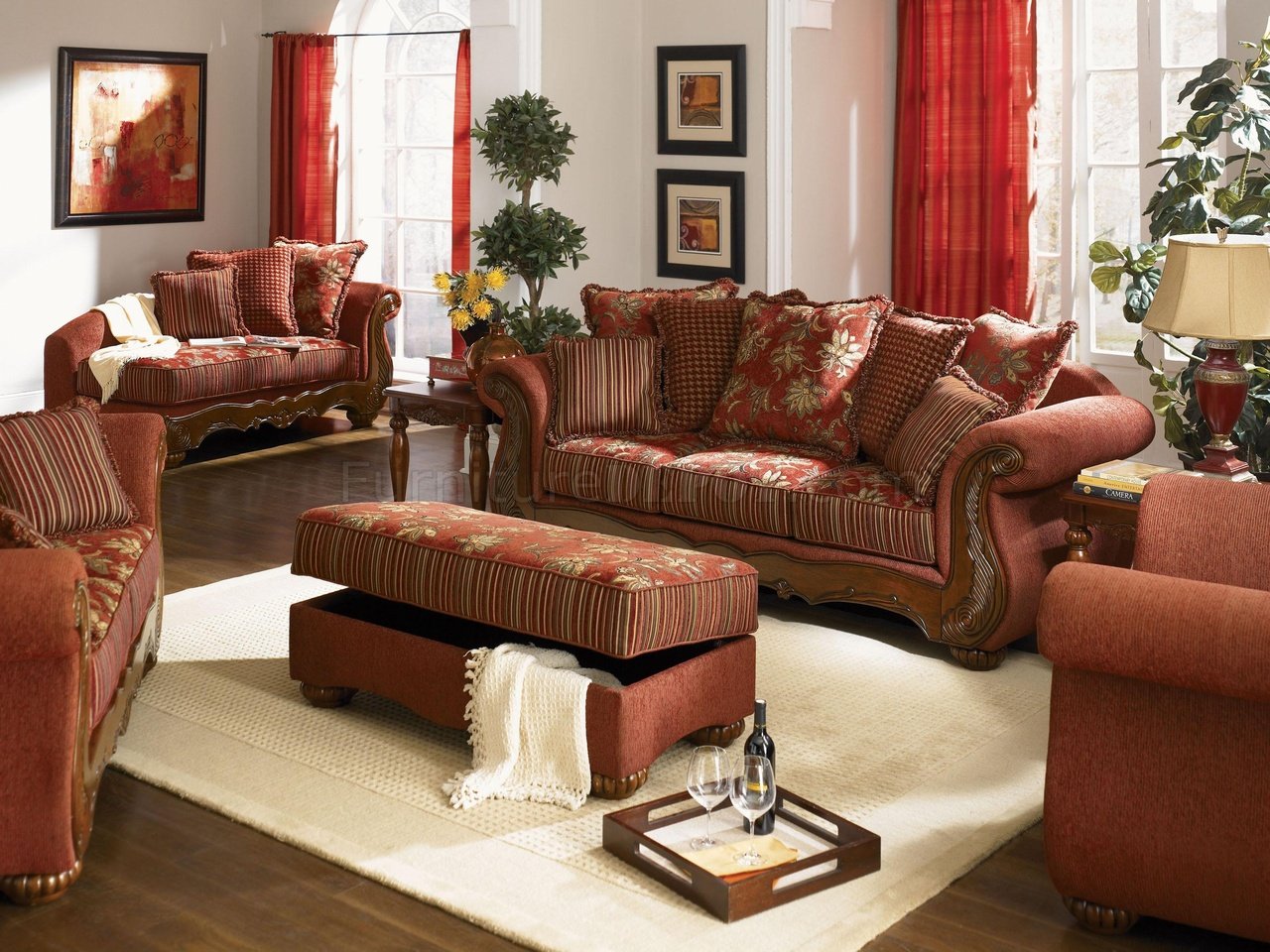 Chenille Fabric Traditional Living Room Savona U142 Red