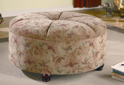 Floral Fabric Contemporary Round Ottoman w/Center Tuft