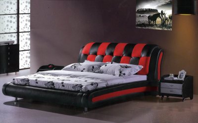 Bedding  Black Furniture on Red   Black Leatherette Modern Bed At Furniture Depot