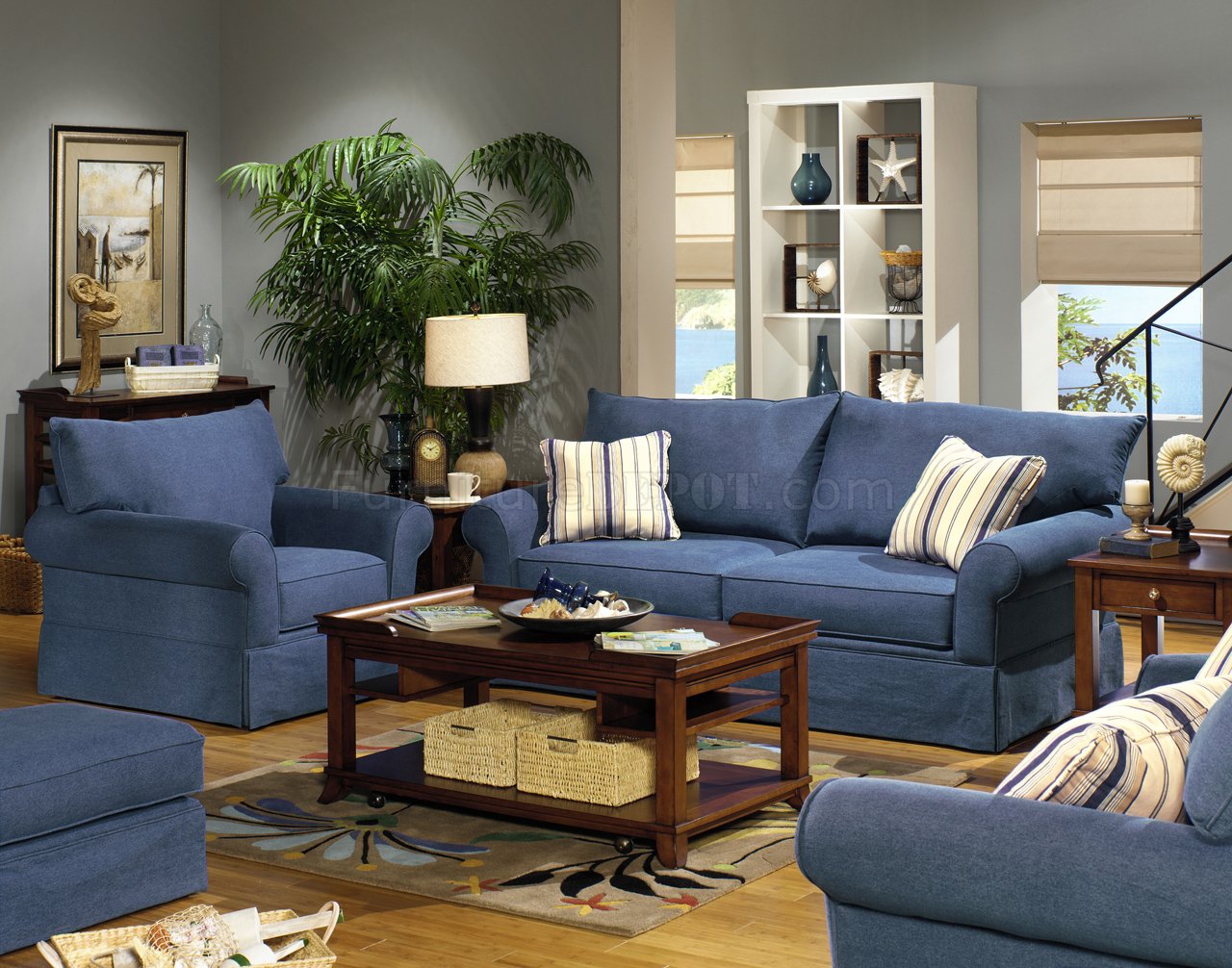 Blue Denim Fabric Modern Sofa &amp; Loveseat Set w/Options