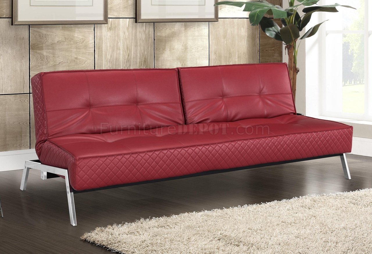 Red Bonded Leather Modern Convertible Sofa Bed W Chrome Legs