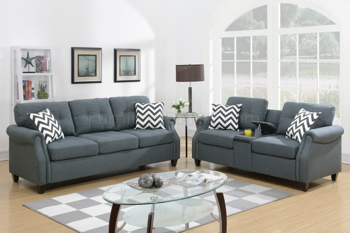 F6411 Sofa And Loveseat Set In Blue Grey Fabric By Poundex