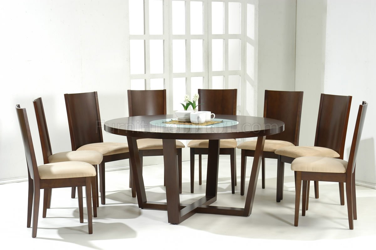 Dark Walnut Modern Round Dining Table w/Glass Inlay NSDS WE06101
