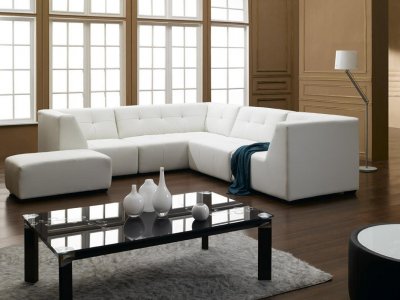 White Bonded Leather Modern Sectional Sofa w/Ottoman