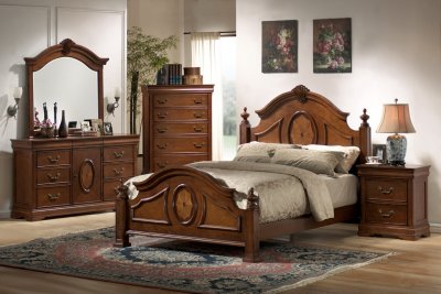 Rich Caramel Finish Elegant Antique Bedroom w/Arched Shape Bed