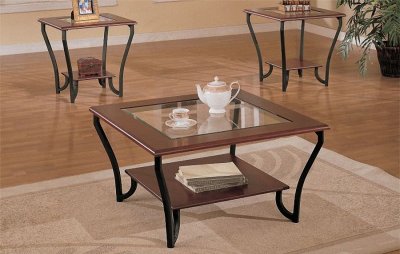 Cherry Brown Artistic 3PC Coffee Table Set w/Glass Inlay Top