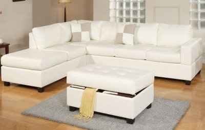 Cream Bonded Leather Reversible Modern Sectional Sofa w/Ottoman