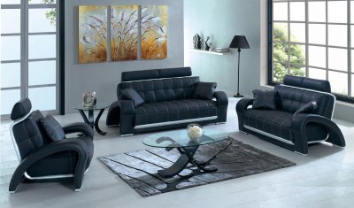 Black Tufted Bonded Leather Living Room w/Silver Leather Accents