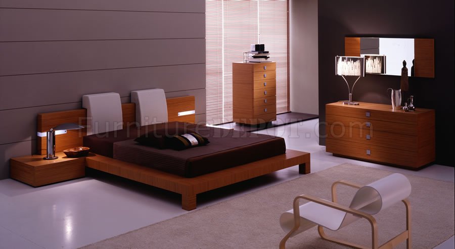 teak finish contemporary bedroom set with platform bed