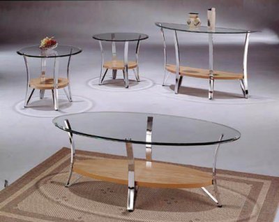 Glass &amp; Metal Modern Coffee Table Set w/Natural Wood Shelf