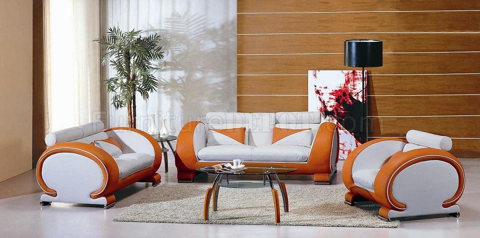 two-tone leather modern 3 piece living room set 7391 white orange