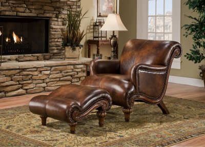 Cognac Brown Top Grain Leather Traditional Chair & Ottoman