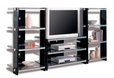 Black Contemporary Tv Stand W/Metal Frame & Glass Shelves