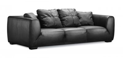 Black Full Leather Contemporary Sofa with Oversized Cushions