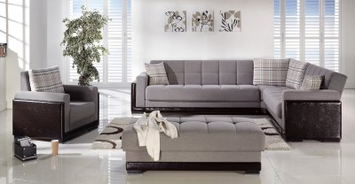 Fume Fabric & Leatherette Base Sectional Convertible Sofa Bed